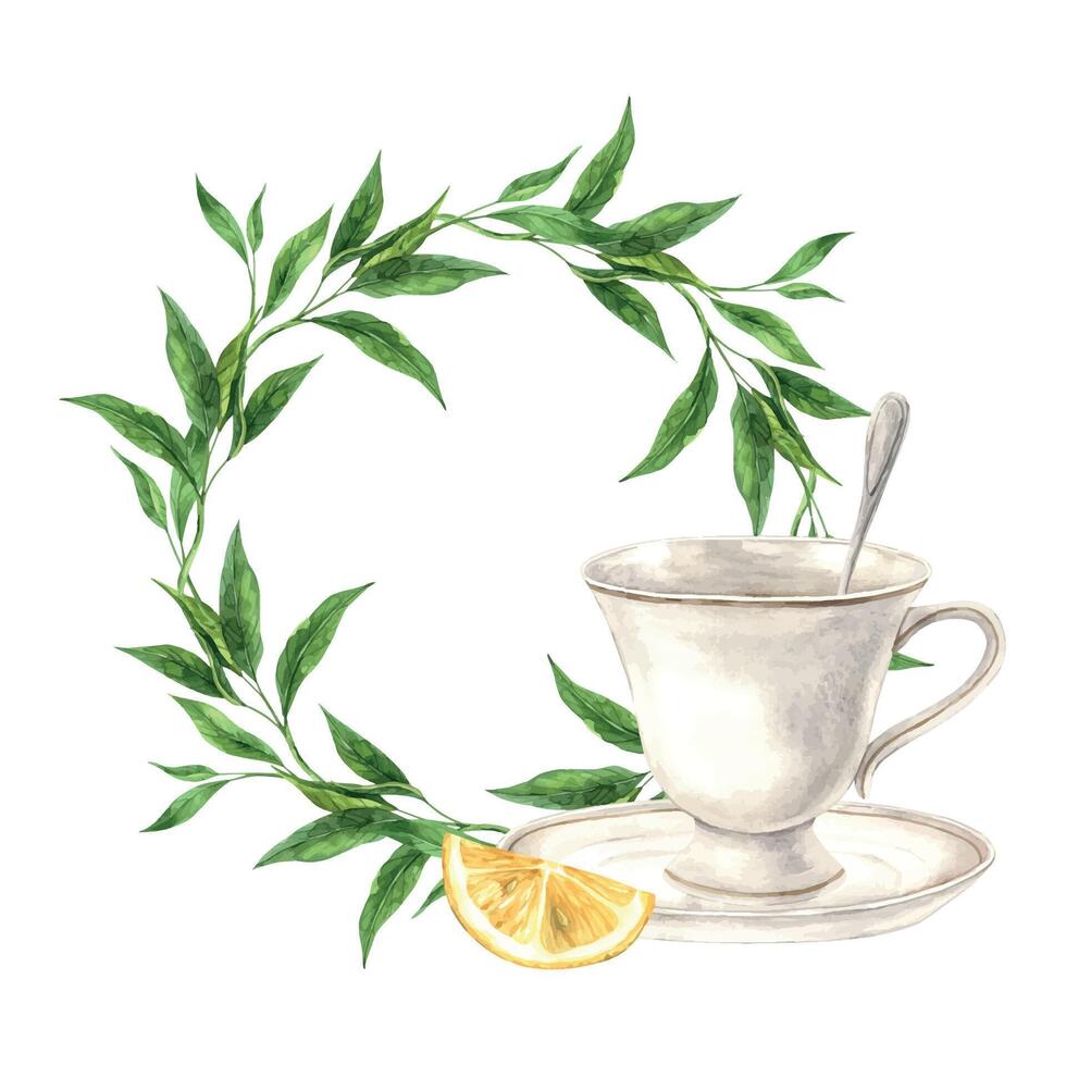 Watercolor round wreath made of tea leaves, vintage mug and lemon slice. The illustration is hand drawn on an isolated background. Drawing for menu design, packaging, poster, website, textile. vector