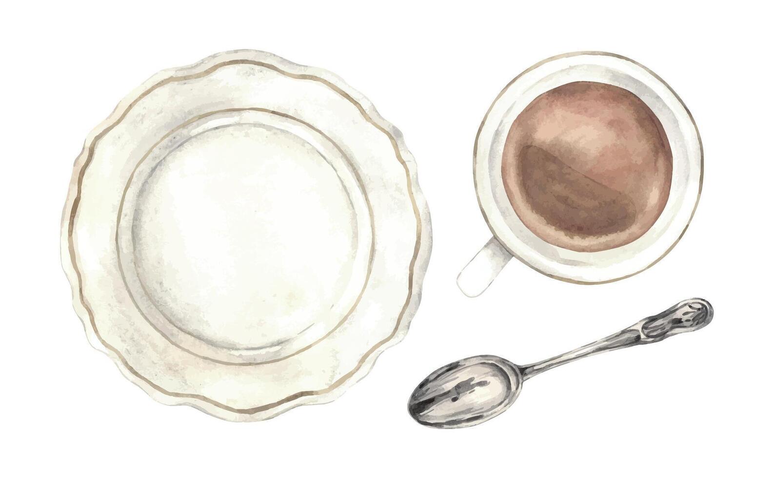 Watercolor set of ceramic dishes, a mug with tea, a plate and a spoon, top view. The illustration is hand drawn on an isolated background. Drawing for menu design, packaging, poster, website, textile vector