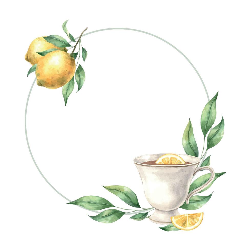 Watercolor round frame with ceramic mug, green lemon leaves and yellow lemon. Illustration is hand drawn, suitable for menu design, packaging, poster, website, textile, invitation, brochure vector