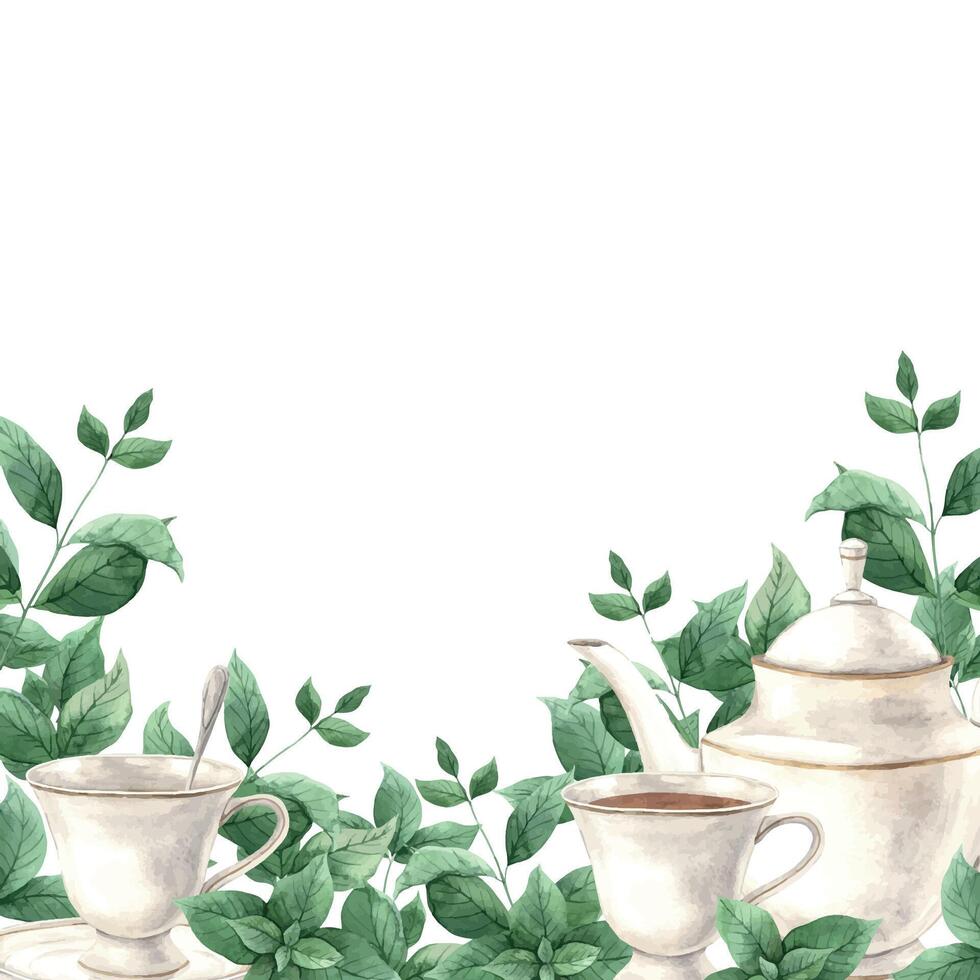 Watercolor frame with ceramic mug, teapot and fresh spicy mint. Illustration hand drawn on isolated background, suitable for menu design, packaging, poster, website, textile, invitation, brochure vector