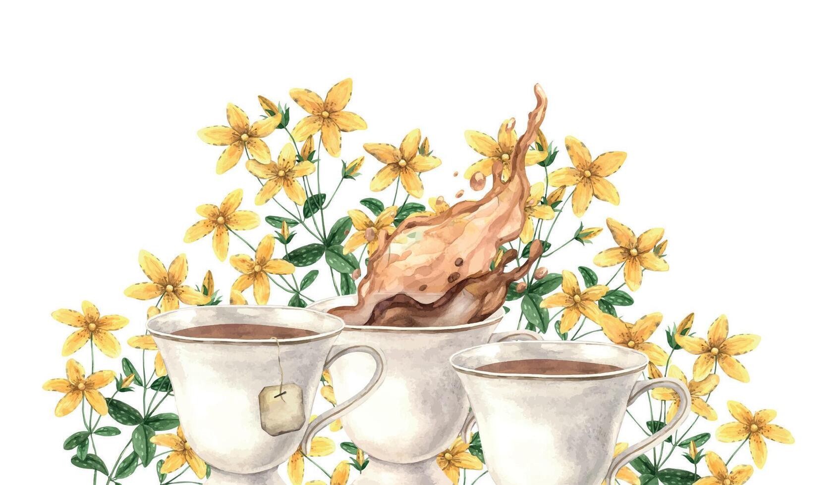 Watercolor composition with vintage mugs and St. John's wort flowers. The illustration is hand drawn on an isolated background. Drawing for menu design, packaging, poster, website textile invitations vector