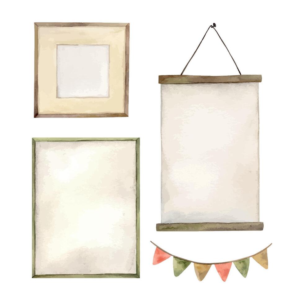 Watercolor set of empty frames and multi-colored flags on the wall. Isolated hand drawn illustration for children's interior, cards, stickers, textiles, design, invitations. vector