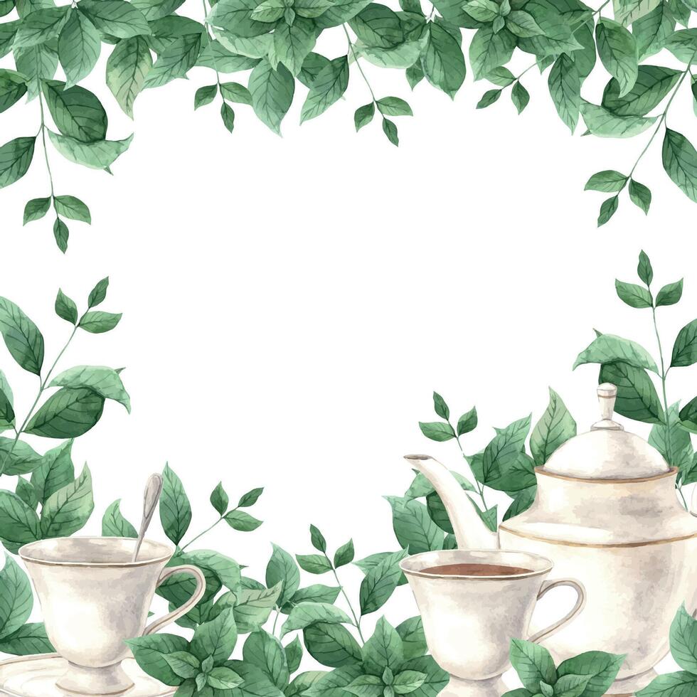 Watercolor frame with ceramic mug, teapot and fresh spicy mint. Illustration hand drawn on isolated background, suitable for menu design, packaging, poster, website, textile, invitation, brochure vector