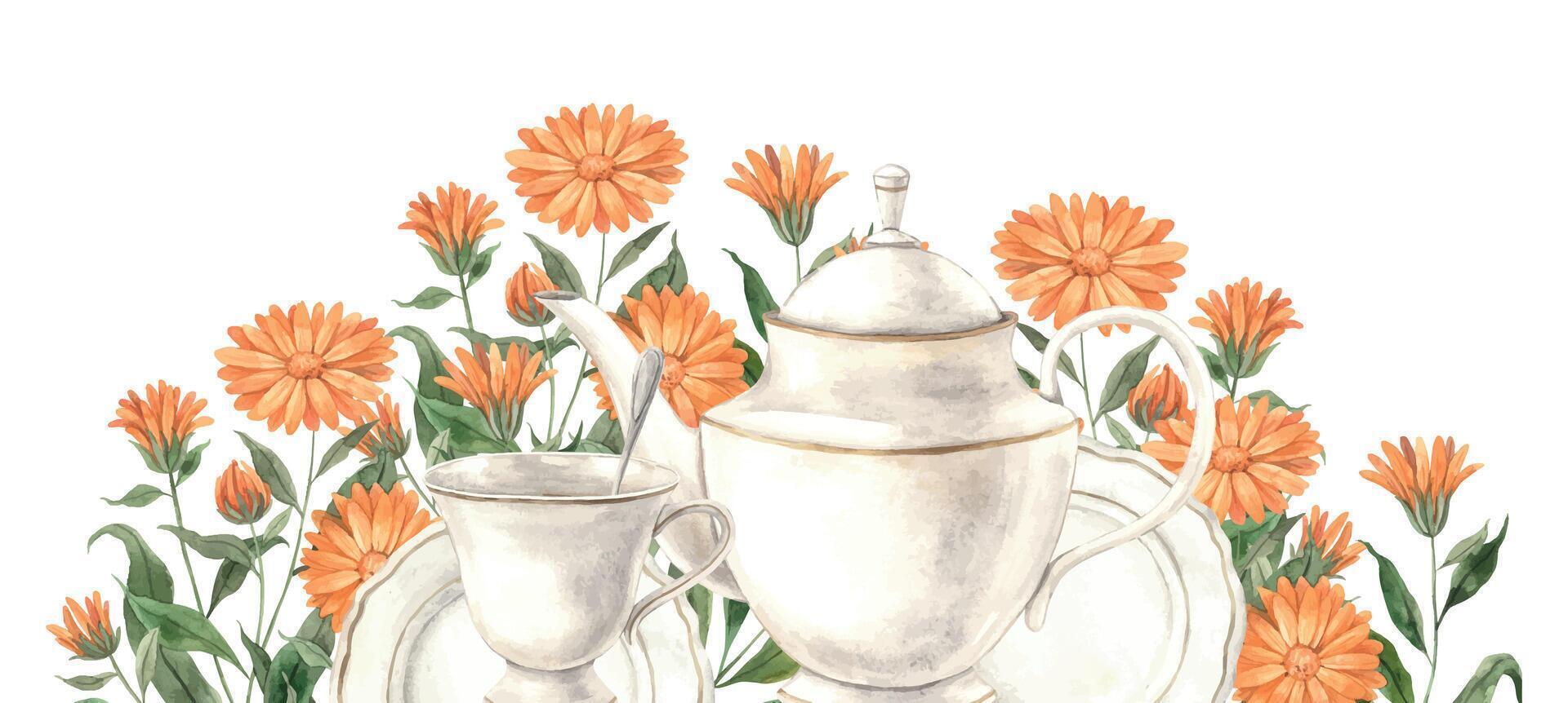 Watercolor tea composition with ceramic tableware and orange calendula flower. Illustration hand drawn on isolated background, suitable for menu design, packaging, poster website invitation brochure vector