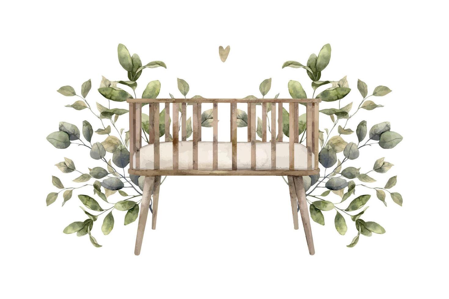 Watercolor composition with a crib for a newborn surrounded by green plants. Illustration hand drawn on isolated background for cards, interior, stickers, textiles, design, invitations vector