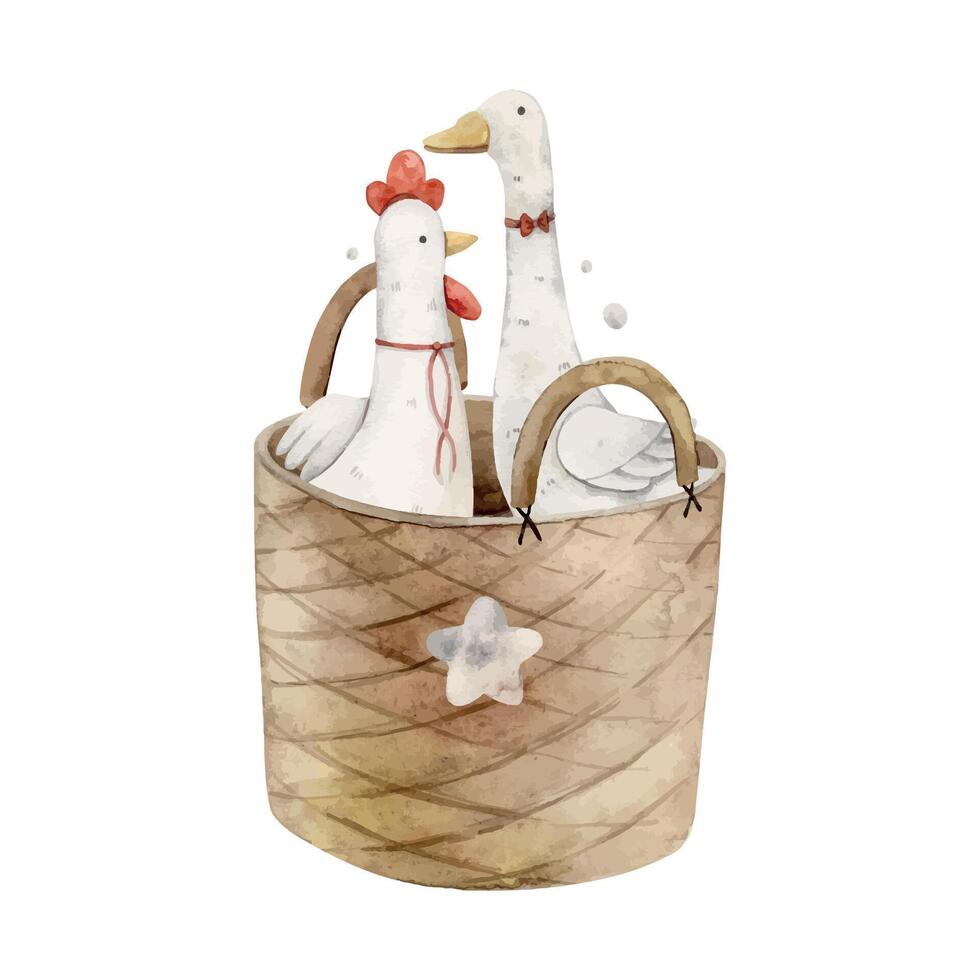 Wicker brown basket with children's toys, plush rooster and goose. Toys and basket for children and room. Isolated watercolor illustration for children's interior, cards, stickers, textiles, design vector