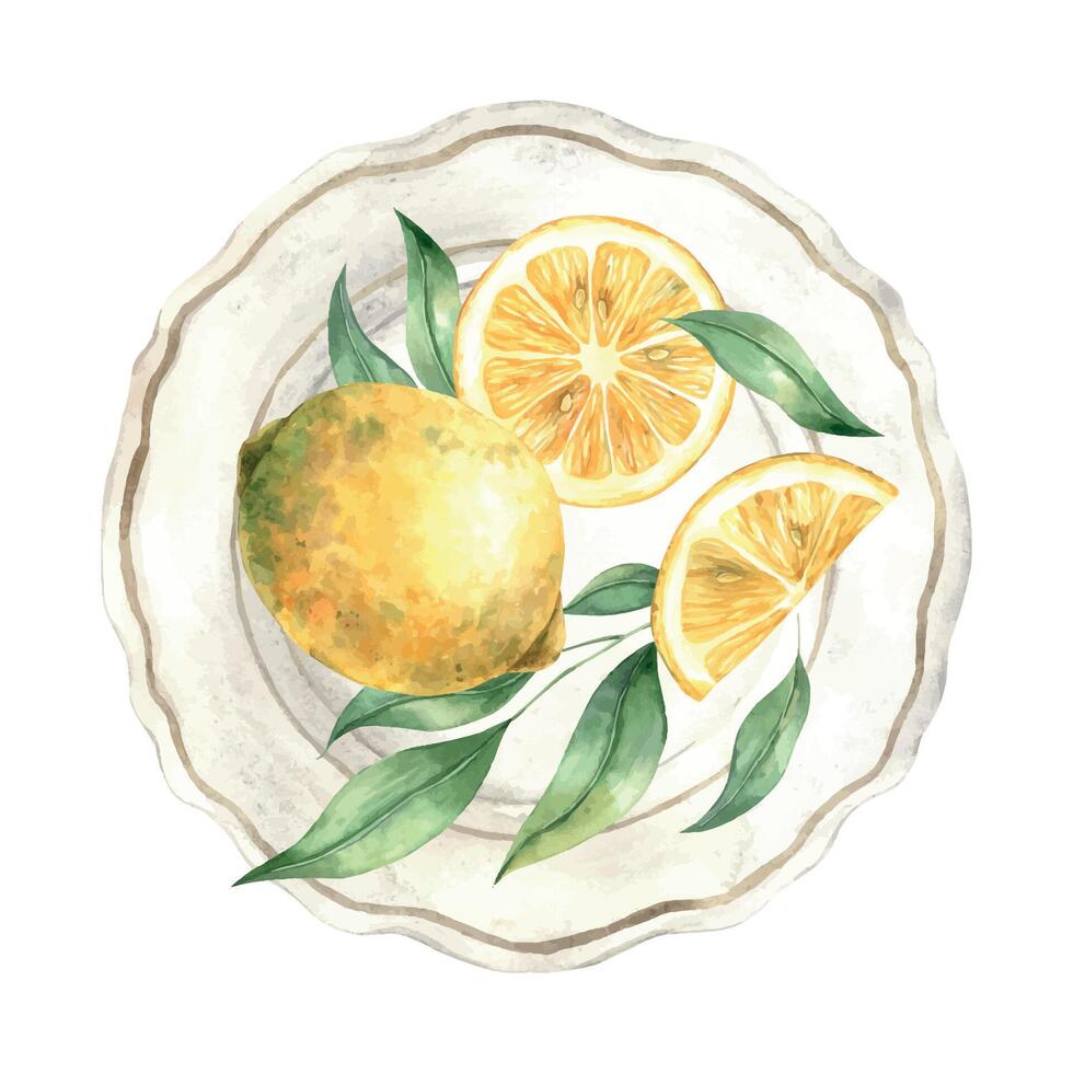 Watercolor composition, top view, juicy lemons with green leaves lie on a plate. The illustration is drawn by hand. Drawing for menu design, packaging, poster, website, textile, invitations vector