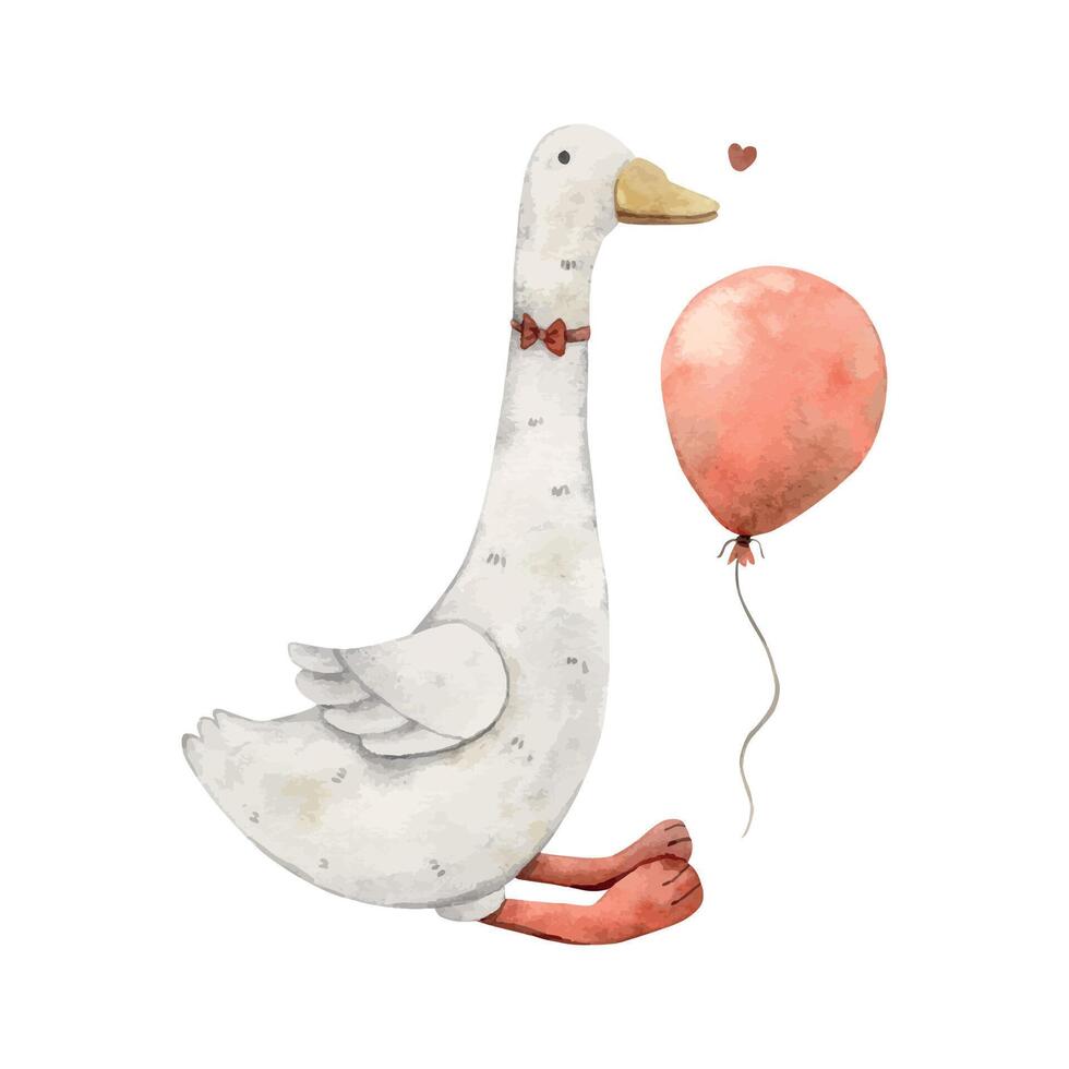 Watercolor drawing with a plush goose and a bow, a red balloon and a heart. Illustration hand drawn on isolated background for cards, interior, stickers, textiles, design, vector