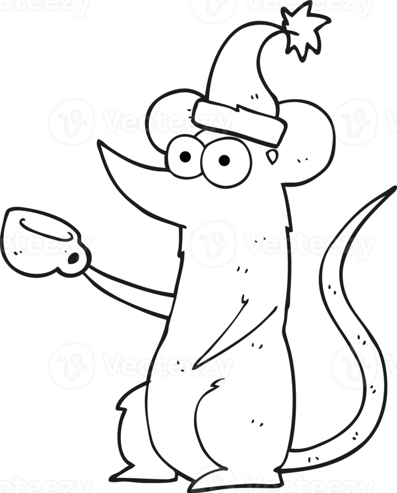 hand drawn black and white cartoon mouse wearing christmas hat png