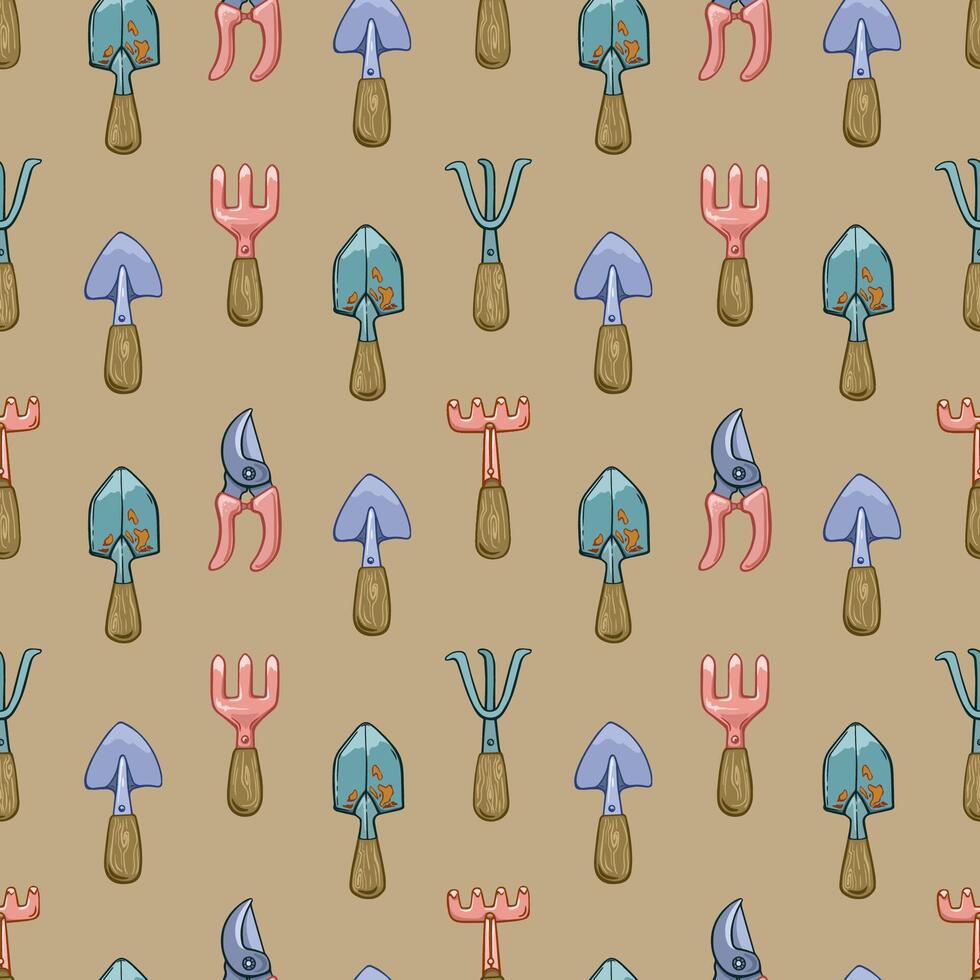 Seamless pattern with garden tools. shovels, rakes, pruning shears on a beige background. vector