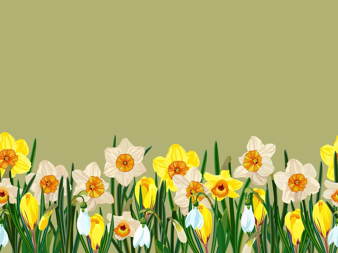 Horizontal flower border of daffodils, hyacinths, snowdrops, crocuses. vector