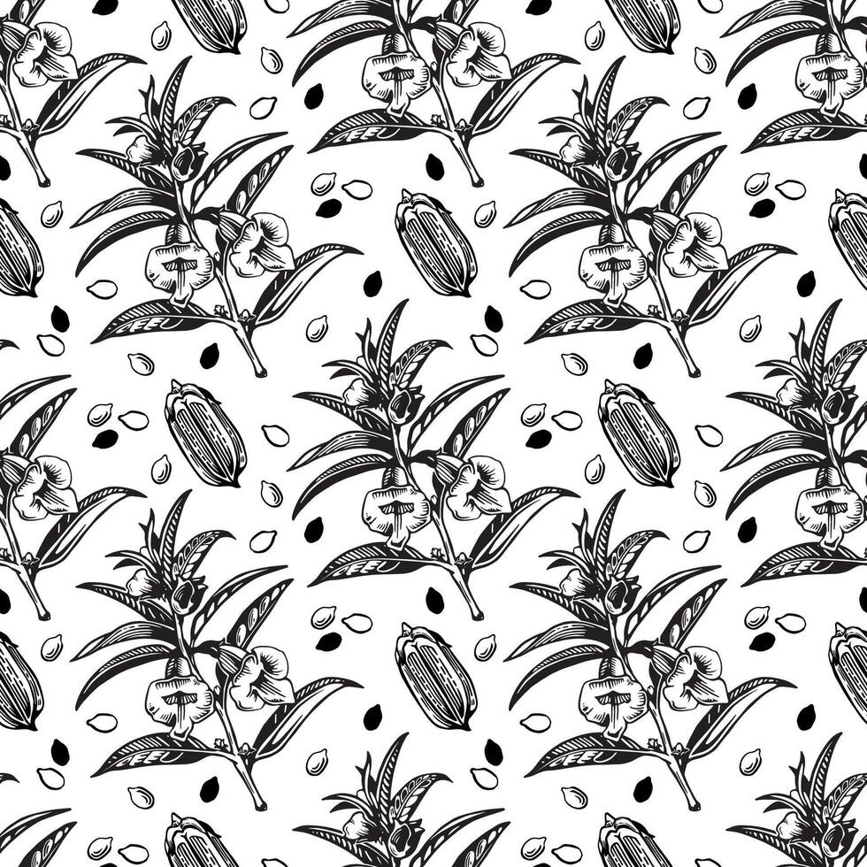 Floral seamless pattern. Black and white vector illustration with leaves and flowers.