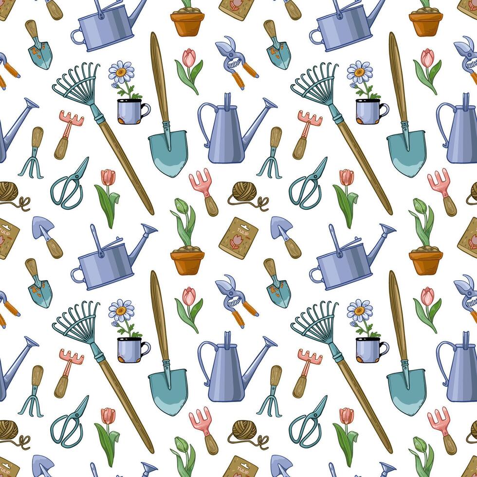 Seamless pattern with gardening tools, flowers, watering cans, bags of seeds on a white background. Vector illustration