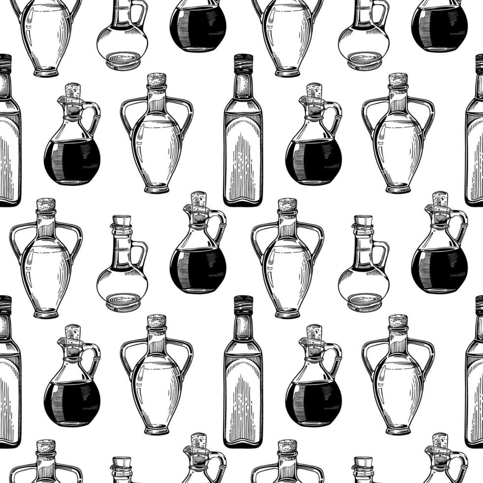 Seamless black and white pattern with vegetable oil bottles. vector