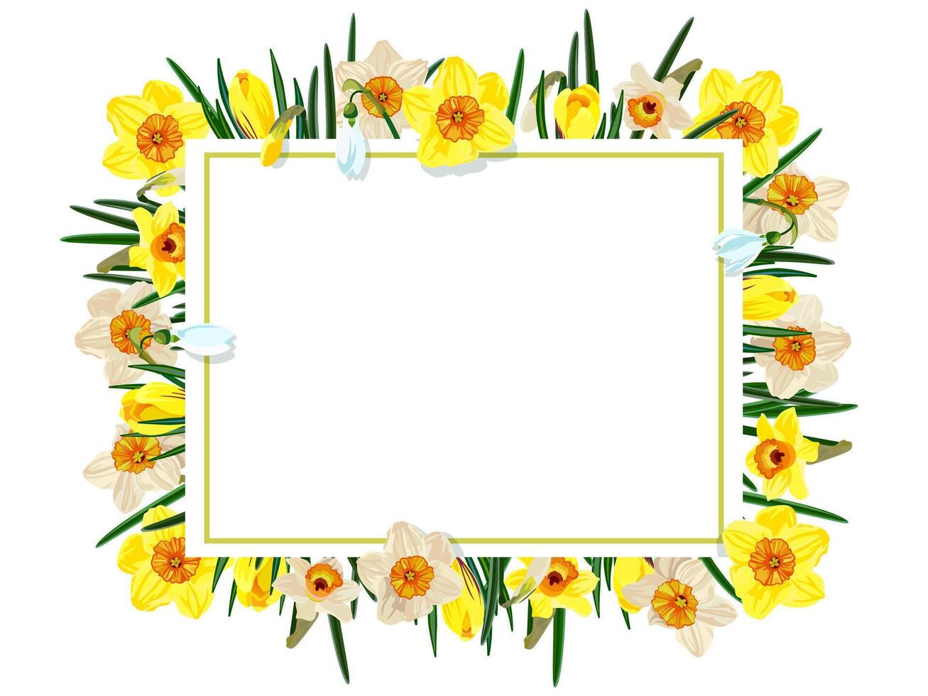 Floral frame with crocuses, daffodils, snowdrops. vector