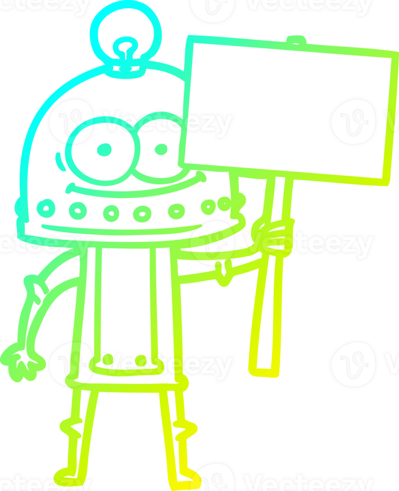 cold gradient line drawing of a happy carton robot with light bulb png