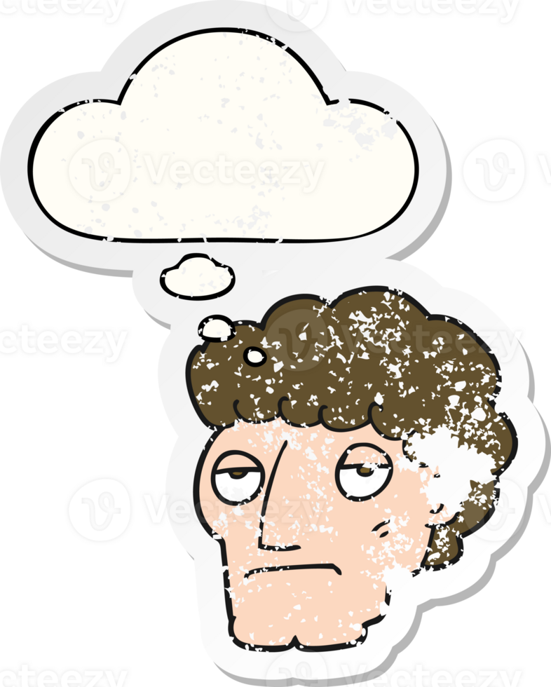 cartoon bored man with thought bubble as a distressed worn sticker png