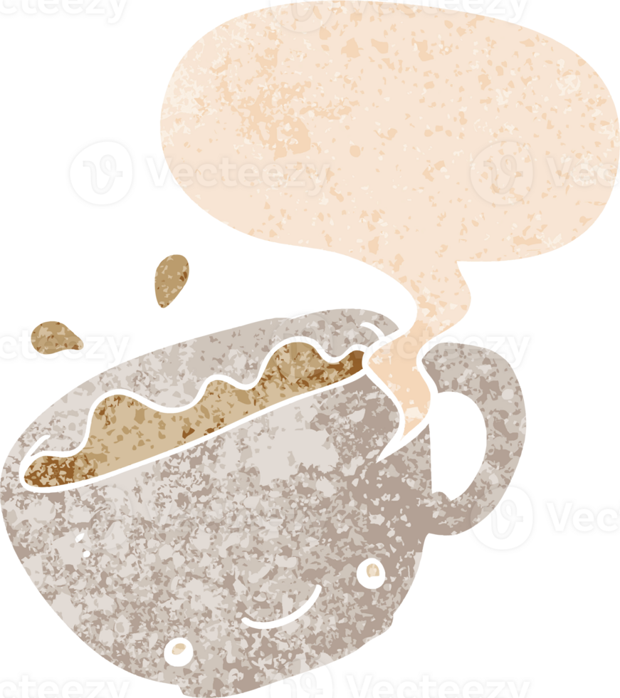 cartoon cup of coffee with speech bubble in grunge distressed retro textured style png