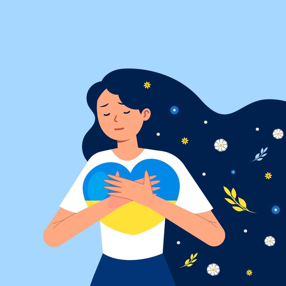 Ukrainian girl with flowers in her hair, hugs a heart with the colors of the flag of Ukraine. Girl makes a heart with her hands. Help Ukraine. Blue and yellow background. vector