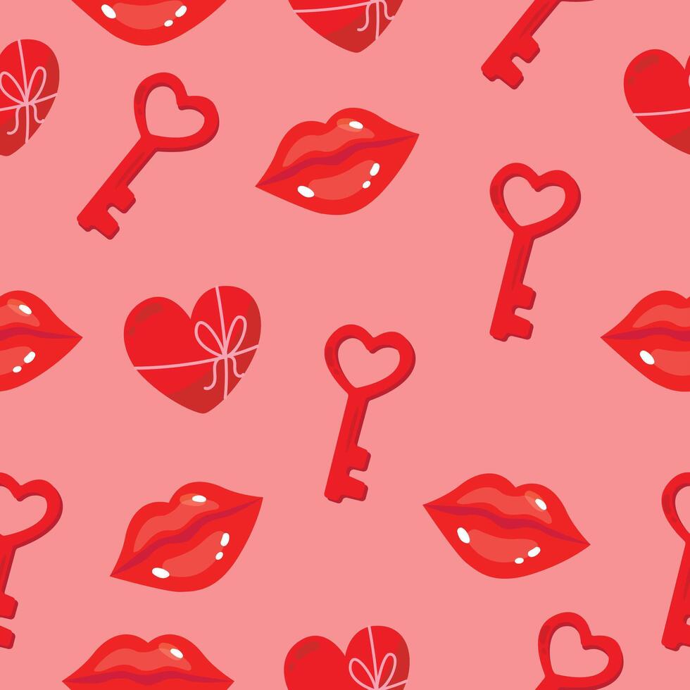 Pattern with hearts and lips. Happy Valentines Day Card. Romantic Love Elements. Valentines Day Vector