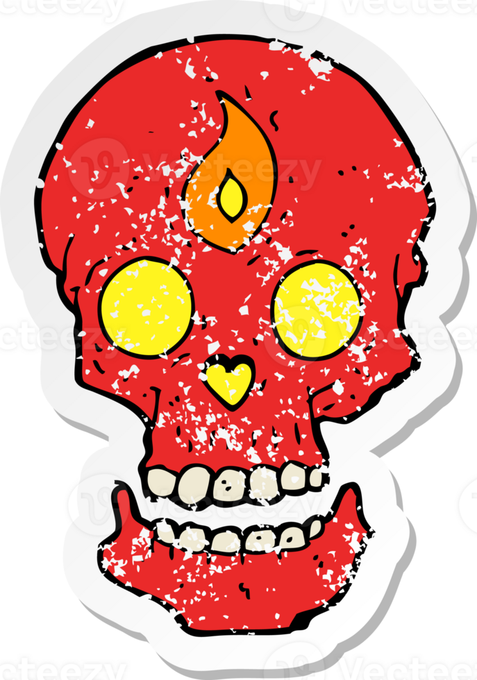 retro distressed sticker of a cartoon mystic skull png