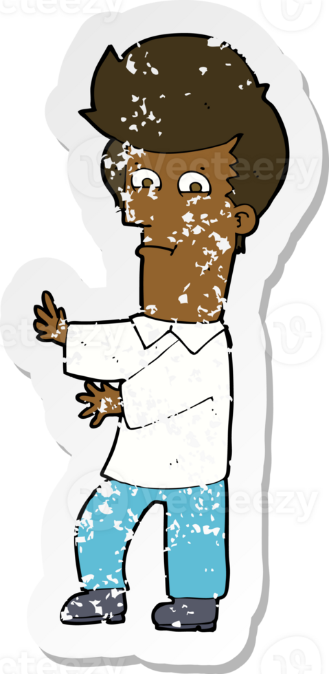 retro distressed sticker of a cartoon man gesturing wildly png