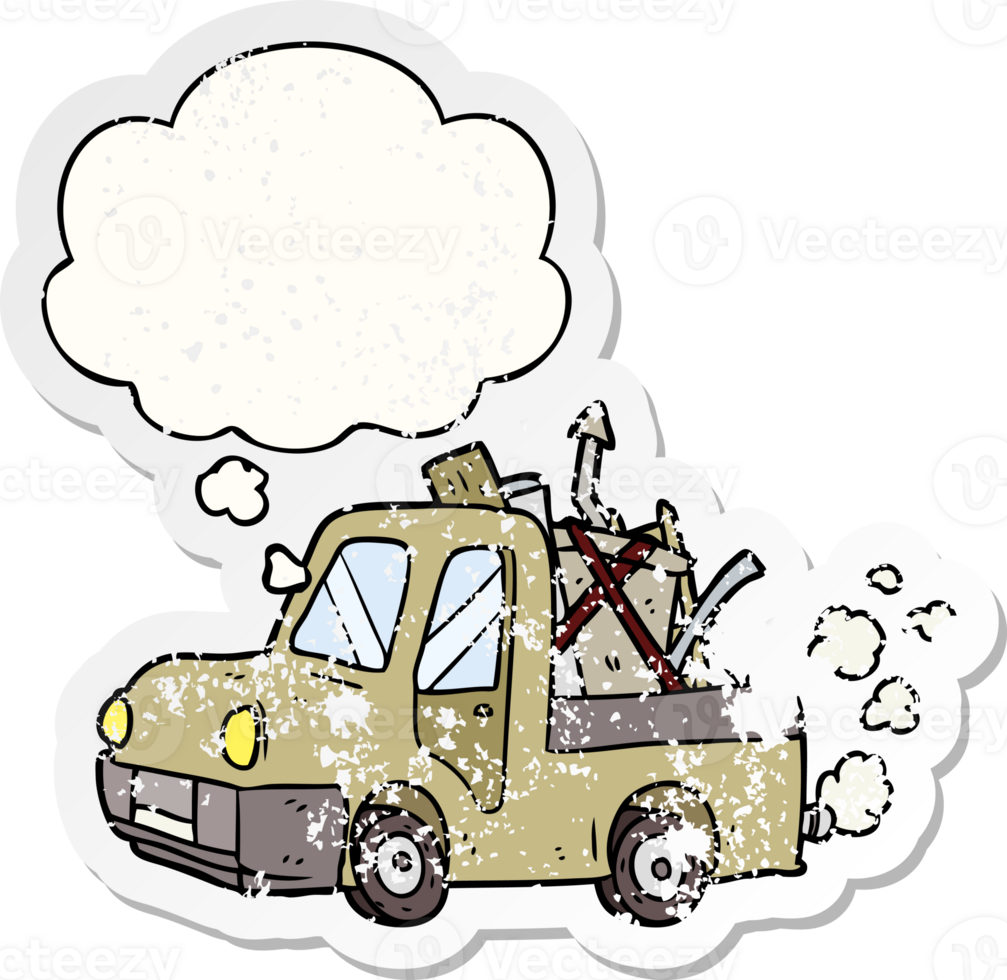 cartoon old truck with thought bubble as a distressed worn sticker png