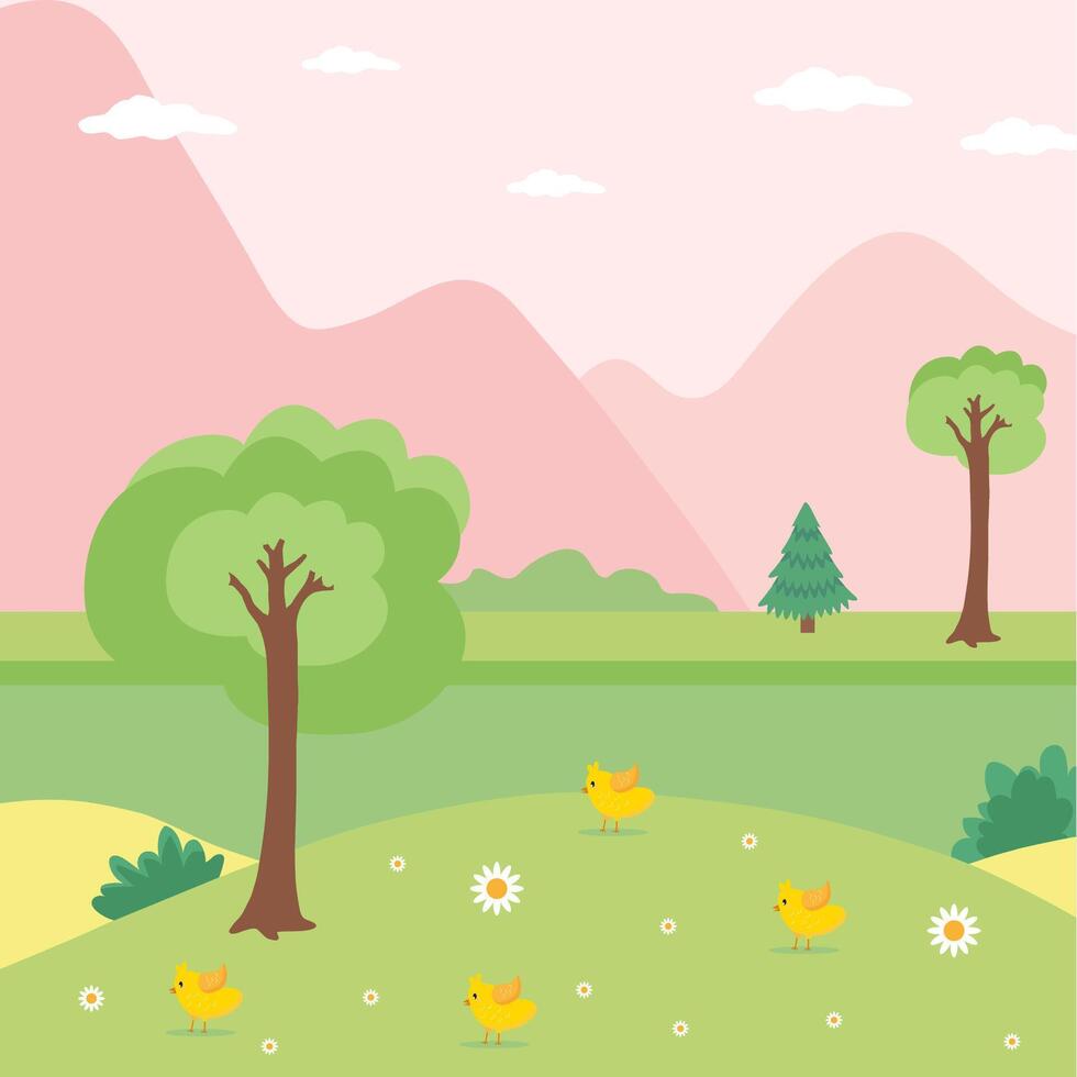 Meadow nature background with chickens. Vector graphics