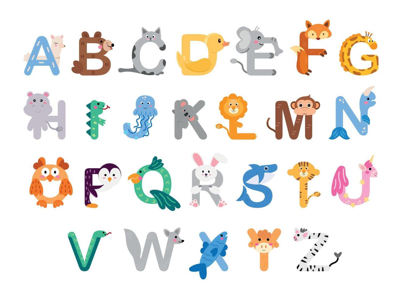 Zoo alphabet. Animal alphabet. Letters from A to Z. Cartoon cute animals isolated on white background. Different animals. Learn letters with funny animals, zoo ABC and English alphabet for kids. vector