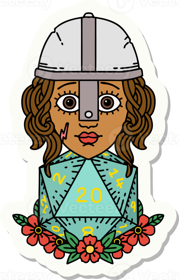 sticker of a human fighter with natural 20 D20 dice roll png