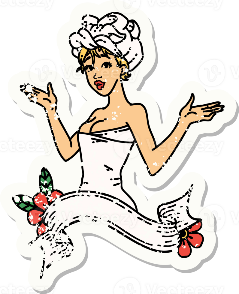 Distressed Sticker Tattoo im traditionellen Stil eines Pinup-Girls im Handtuch mit Banner png