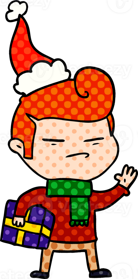 hand drawn comic book style illustration of a cool guy with fashion hair cut wearing santa hat png