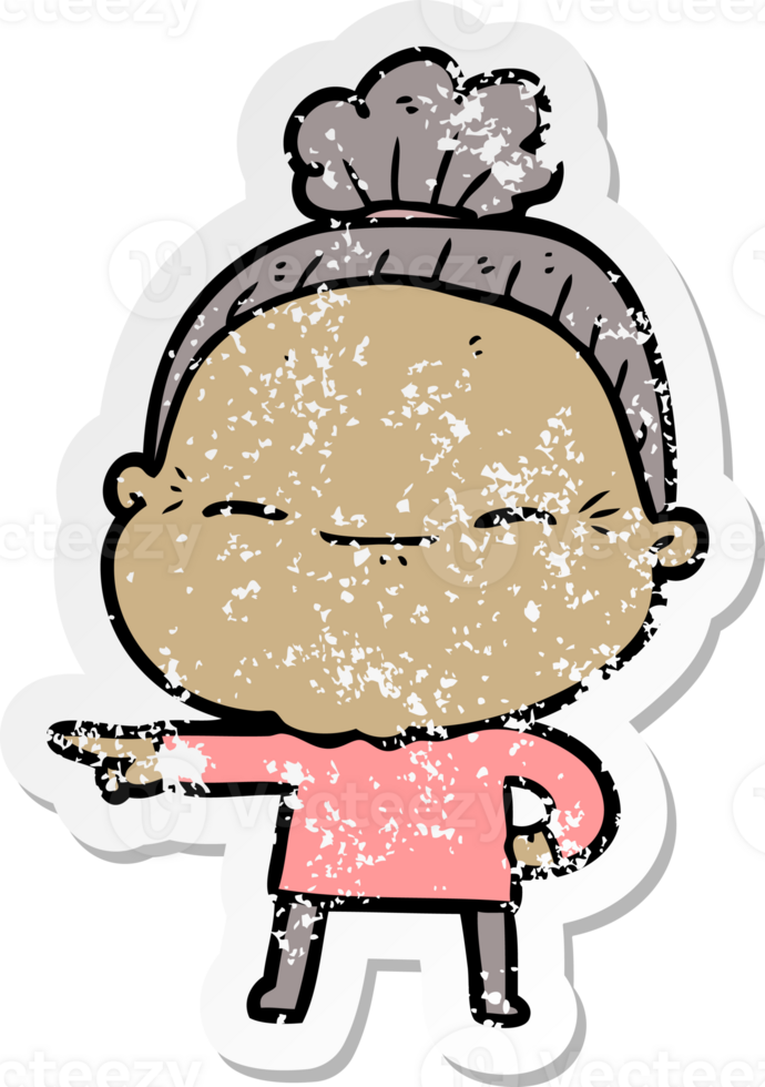 distressed sticker of a cartoon peaceful old woman png