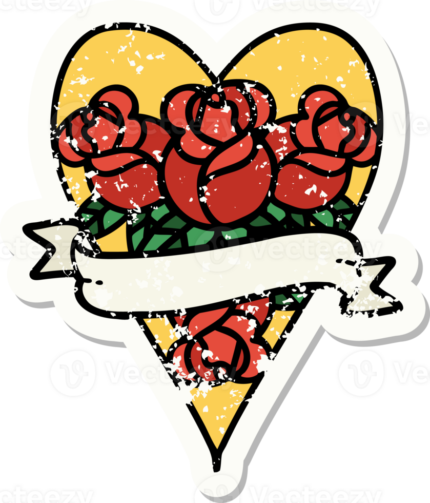 distressed sticker tattoo in traditional style of a heart and banner with flowers png