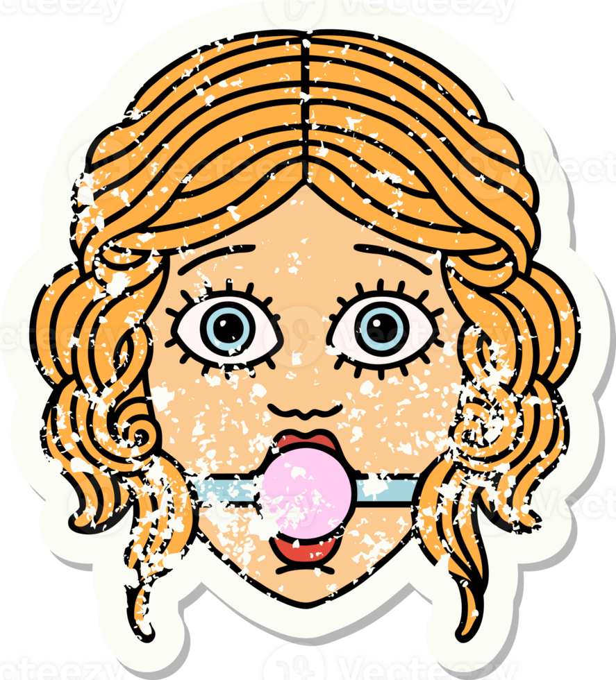 distressed sticker tattoo in traditional style of female face wearing a ball gag png