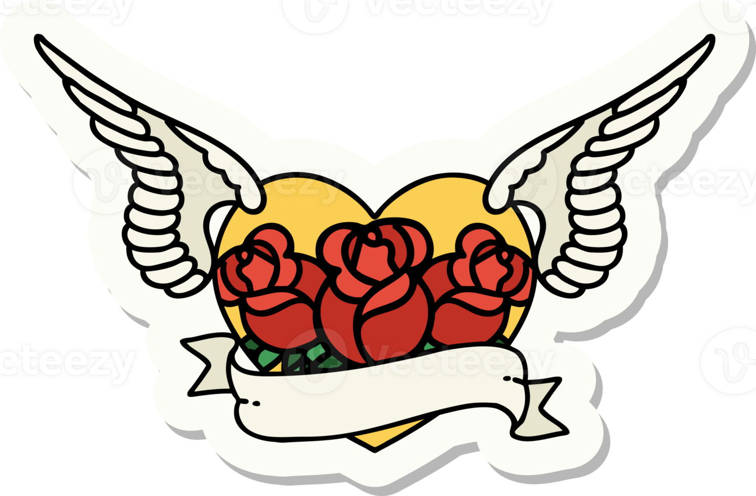 sticker of tattoo in traditional style of a flying heart with flowers and banner png
