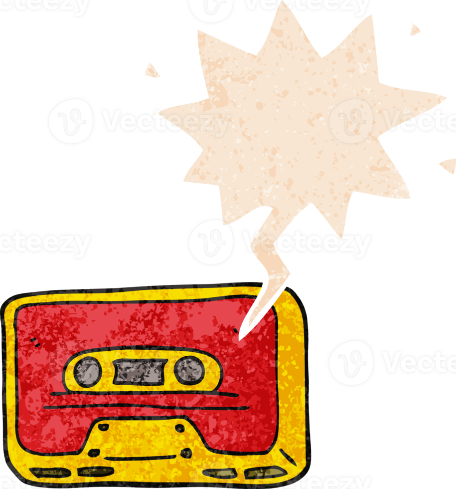 cartoon old tape cassette with speech bubble in grunge distressed retro textured style png