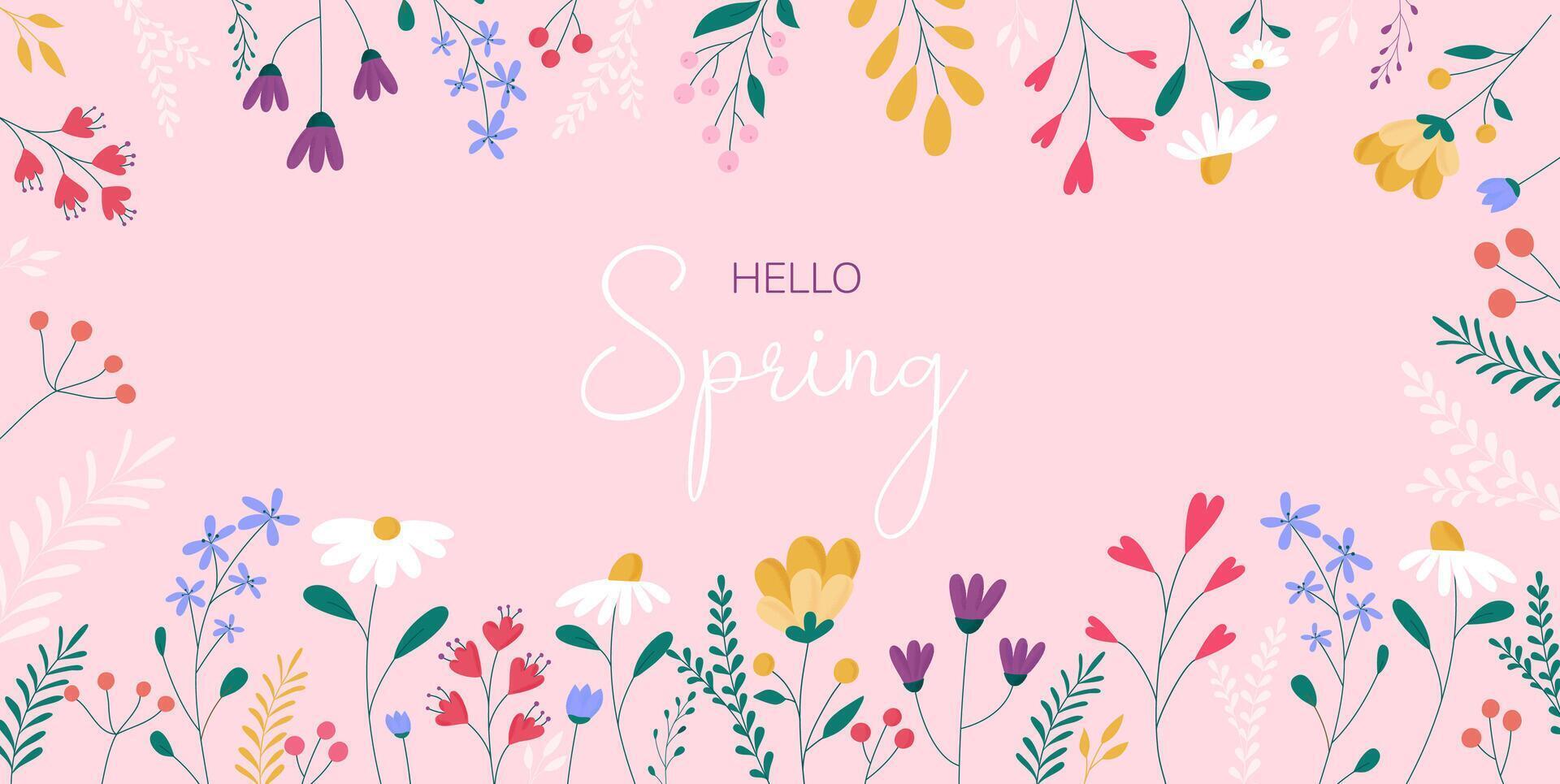 Spring background with floral elements, leaves. Editable vector template for greeting card, poster banner, invitation, social media post, mobile apps. Hello spring.