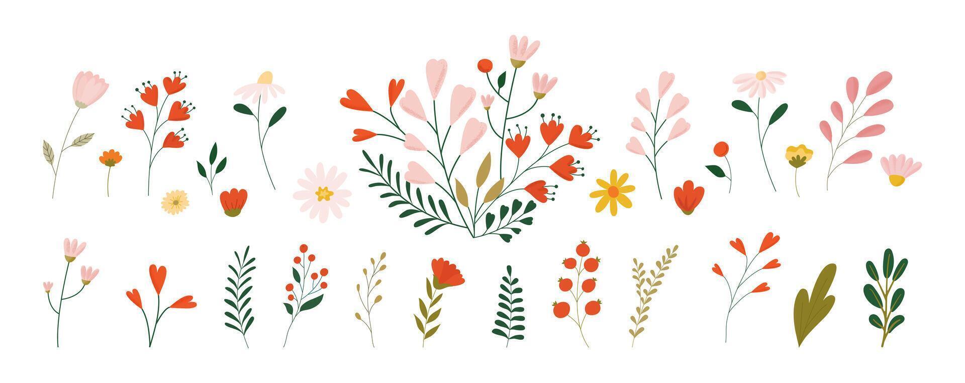 Hand drawn wild field flora, flowers, leaves, herbs, plants, branches. Minimal floral botanical art. Vector illustration for greeting card, invitations, save the date card.