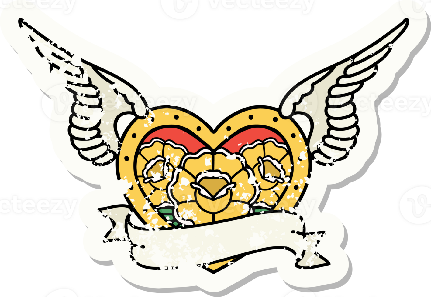 distressed sticker tattoo in traditional style of a flying heart with flowers and banner png