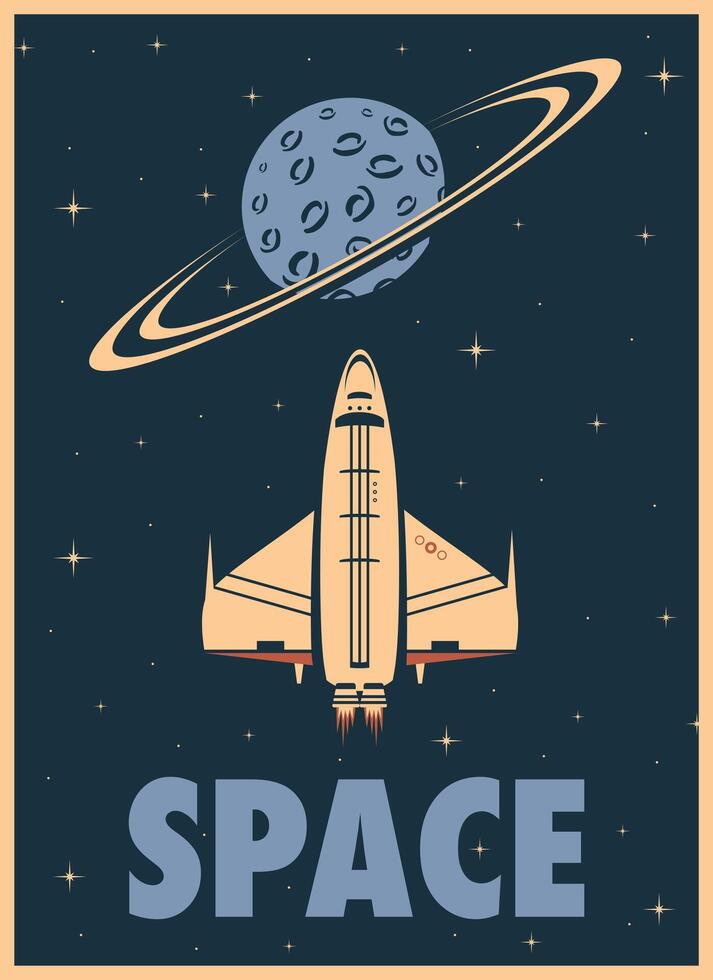 retro póster con un espacio lanzadera, planeta con anillos y texto vector