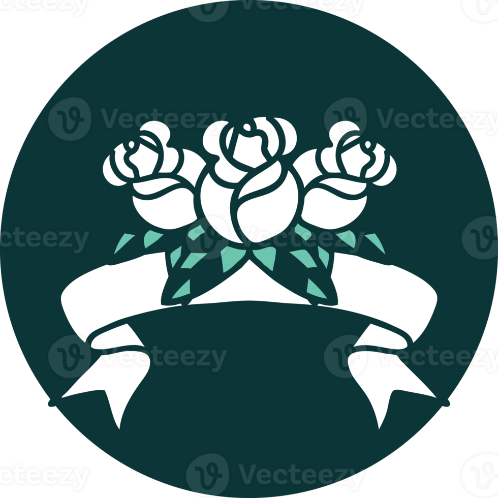 tattoo style icon with banner of a bouquet of flowers png