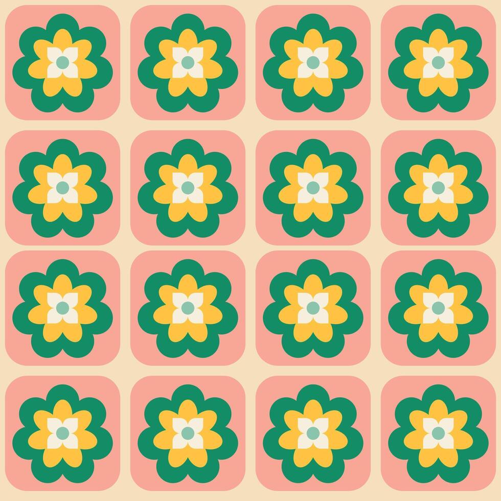 bright, cute and geometric seamless pattern of flowers in the tiles vector illustration