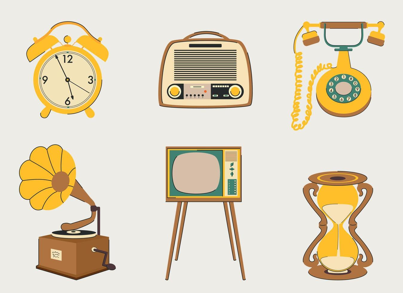 a set with various old-fashioned vintage communication and leisure facilities vector illustration