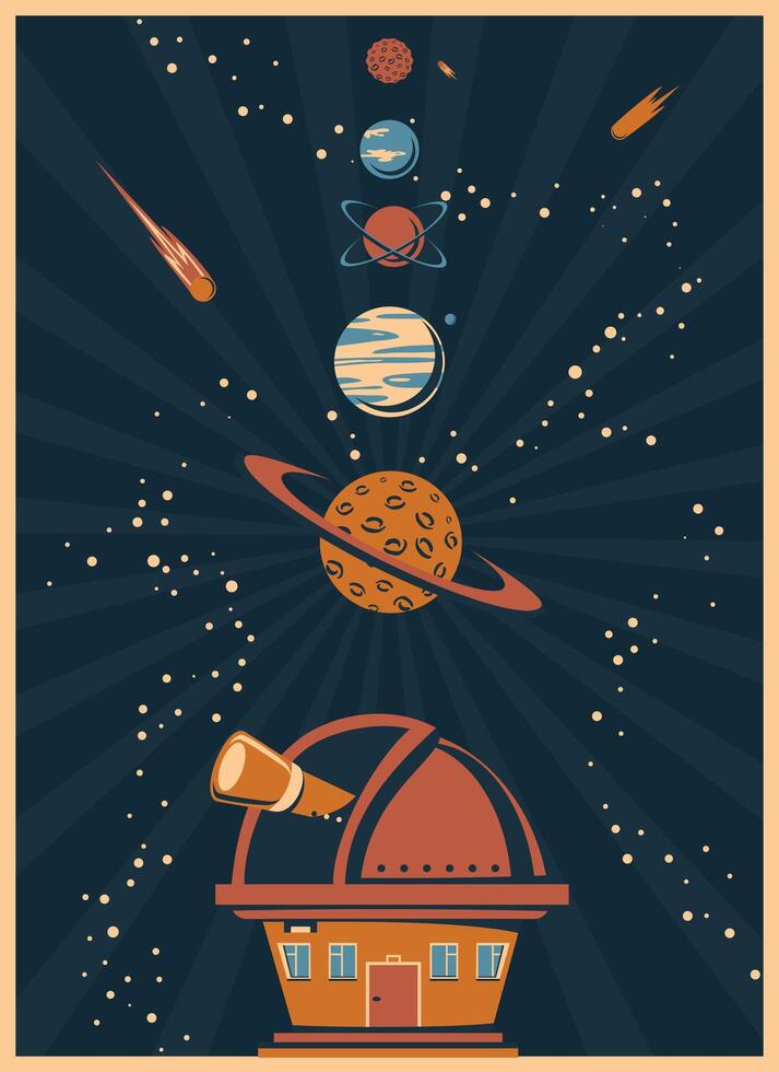 retro poster with an observatory and planets vector