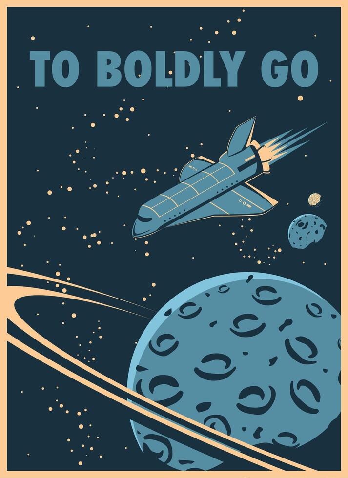 retro poster with a space shuttle, a planet with rings and text vector