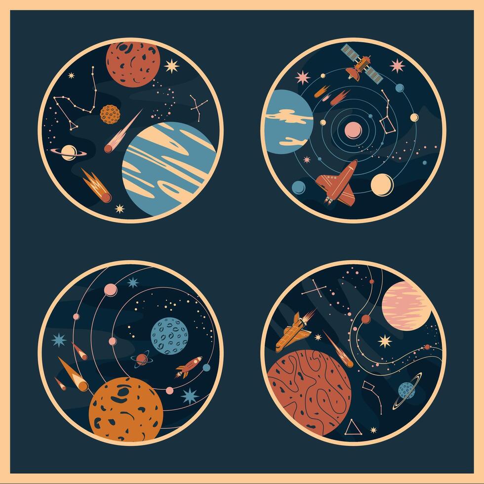 an illustration with circles with different cosmic elements inside vector