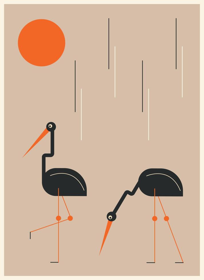 poster with two black herons and a red sun vector