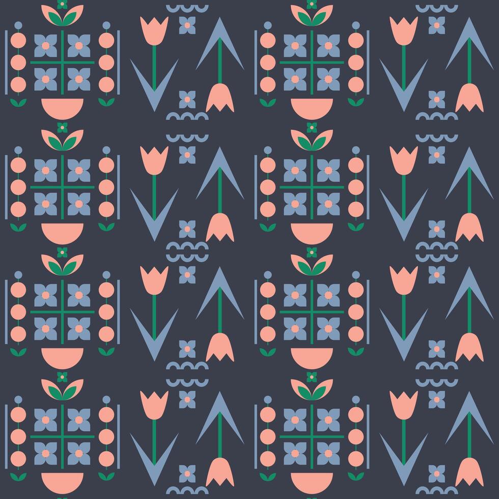 geometric seamless pattern with tulips and other shapes vector illustration