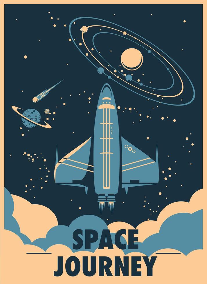 Space journey. Retro space shuttle poster with text vector